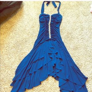 Morgan&Co Blue stretchy asymmetric halter dress